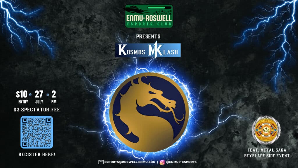 ENMU-Roswell's E-Sports Club Tournament Flyer for the Kosmos Klash tournament that will be held on July 27th, 2024 beginning at 2:00 PM.
