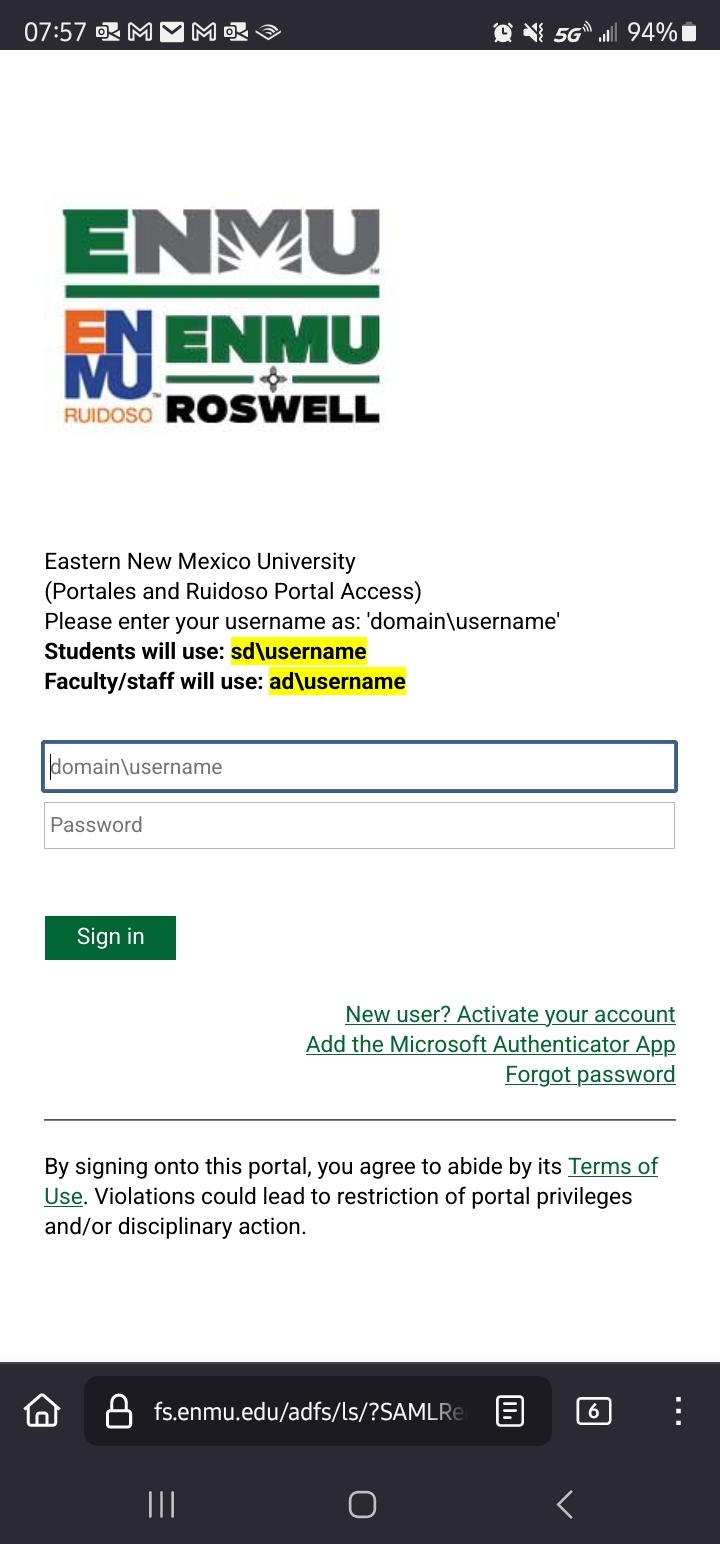 Screen capture of the ADFS authentication page used to sign in to the student / staff portal and other ENMU-Roswell resources. This image is for demonstration purposes only.