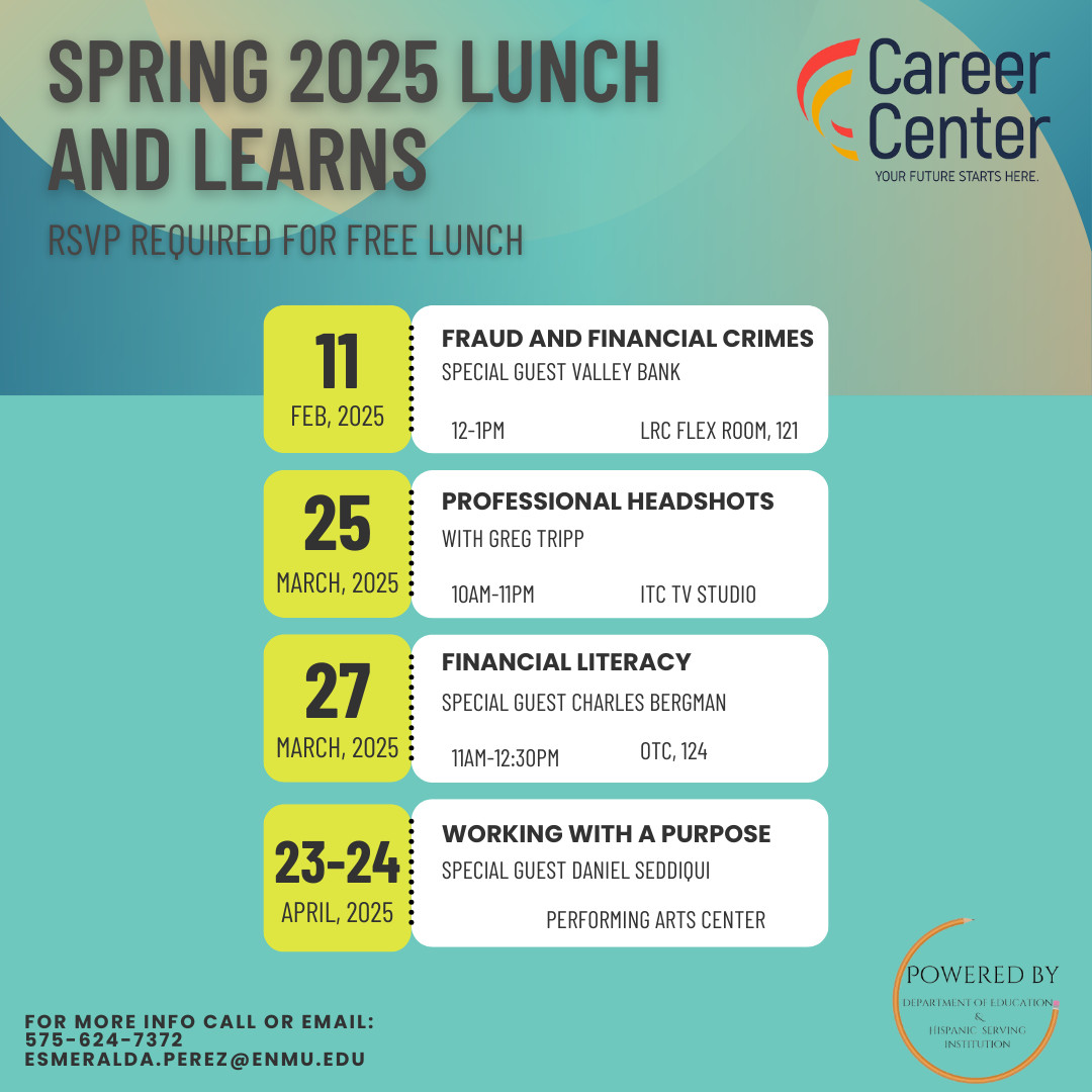 Infographic displaying the Spring 2025 Lunch and Learn event series with events on February 11th, March 25th, March 27th, and April 23rd through April 24th.