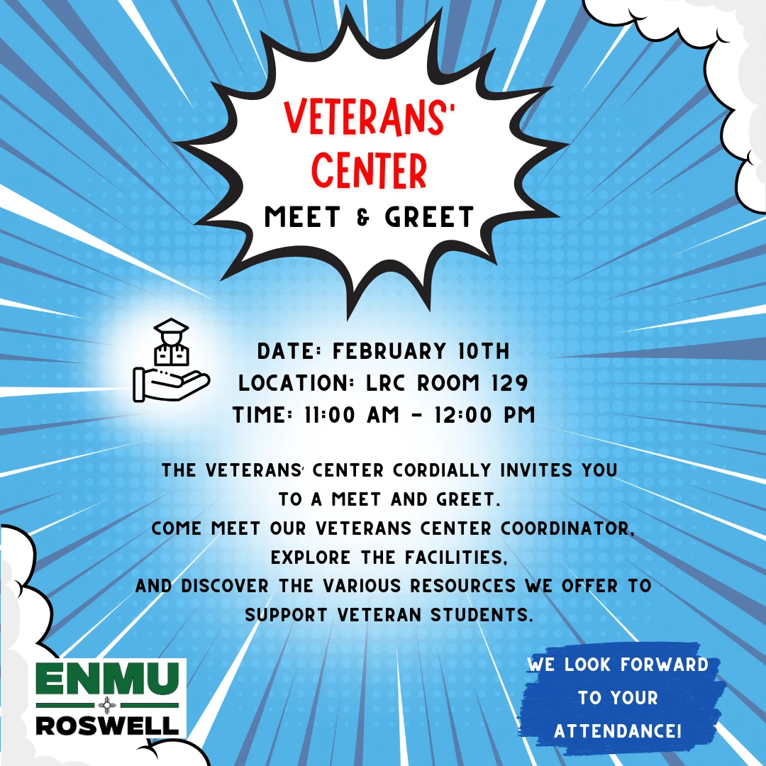 ENMU-Roswell Veterans Center Meet and Greet event flyer.