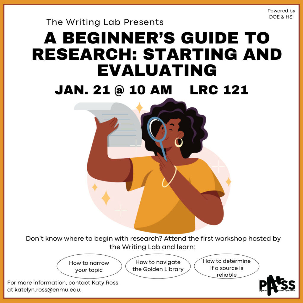 Info-graphic for the Writing Lab Workshop titled 'A Beginner's Guide to Research: Starting and Evaluation' that is taking place on January 21, 2025 in the Learning Resource Center (LRC) in room 121.