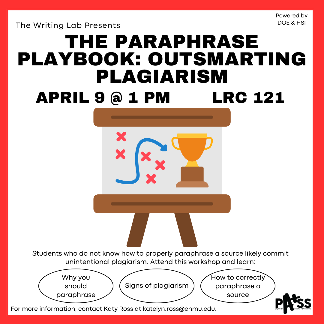 The fourth workshop in the Writing Lab Spring 2025 series titled 'The Paraphrase Playbook: Outsmarting Plagiarism'.