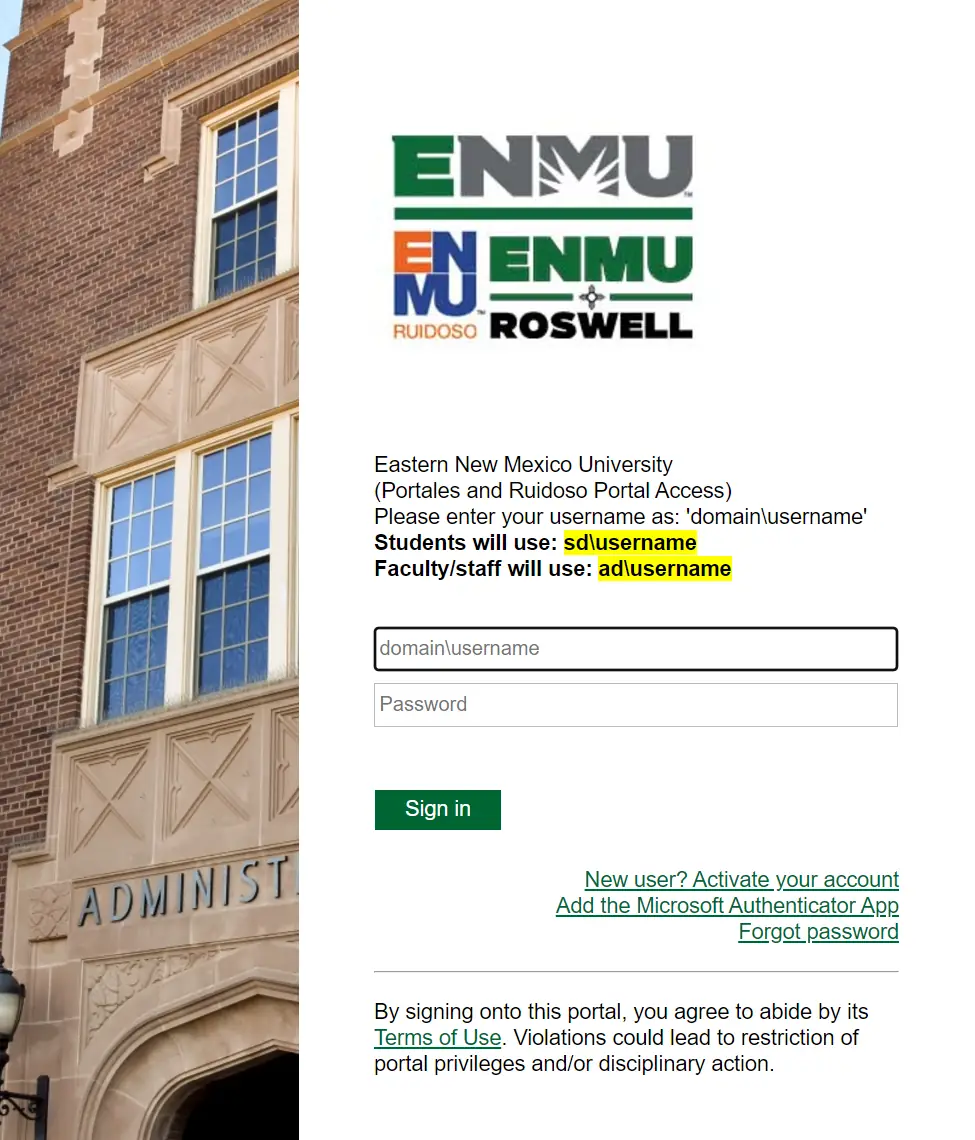 Screen capture of the ADFS authentication page used to sign in to the student / staff portal and other ENMU-Roswell resources. This image is for demonstration purposes only.