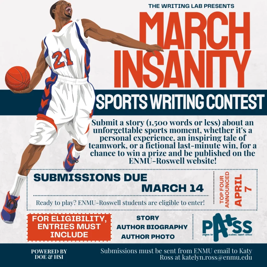 A basketball player is in mid-jump ready to score. The text reads: The Writing Lab Presents March Insanity Sports Writing Contest.