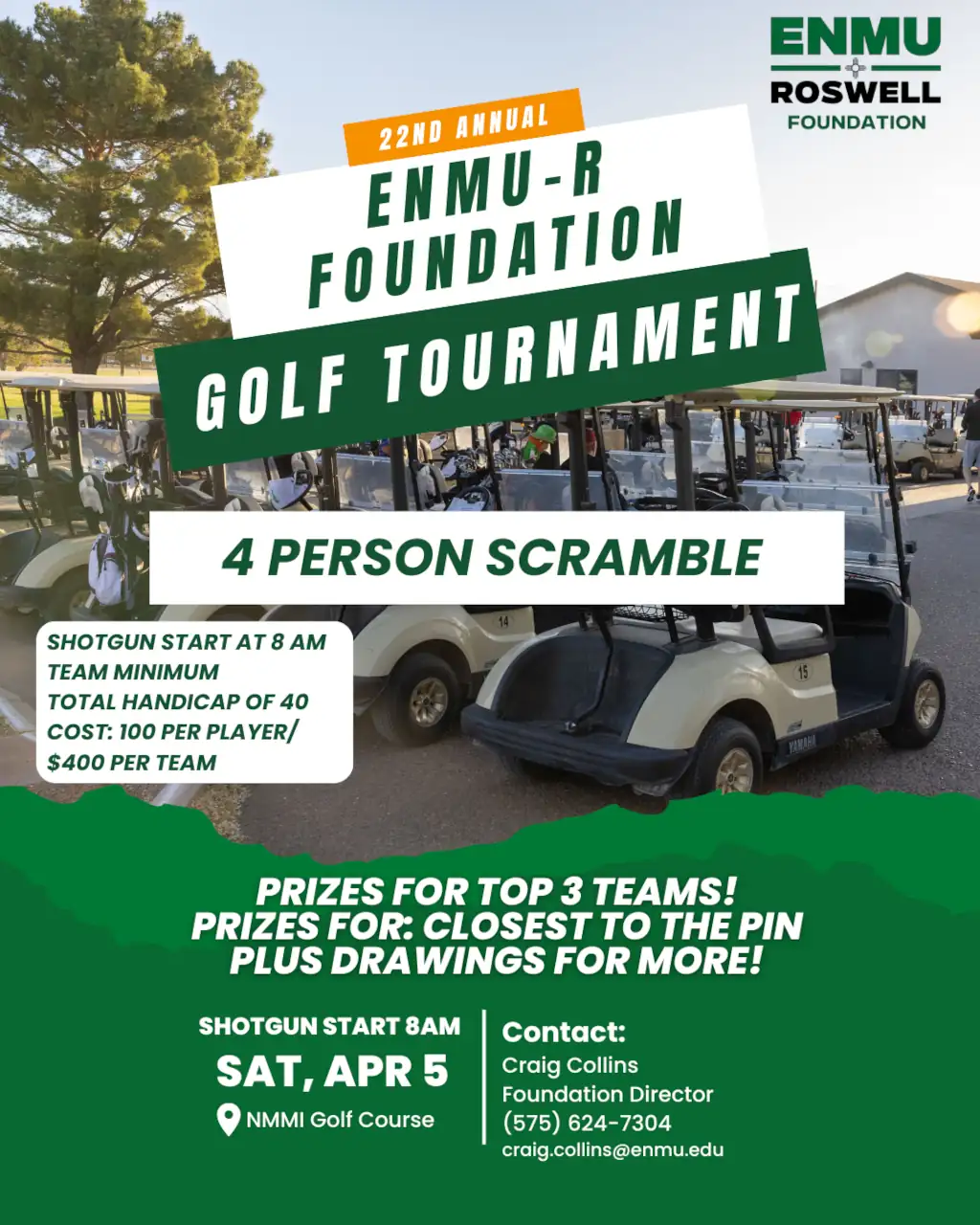 Flyer for the 2025 ENMU-R Foundation Golf Tournament 4 Person Scramble.