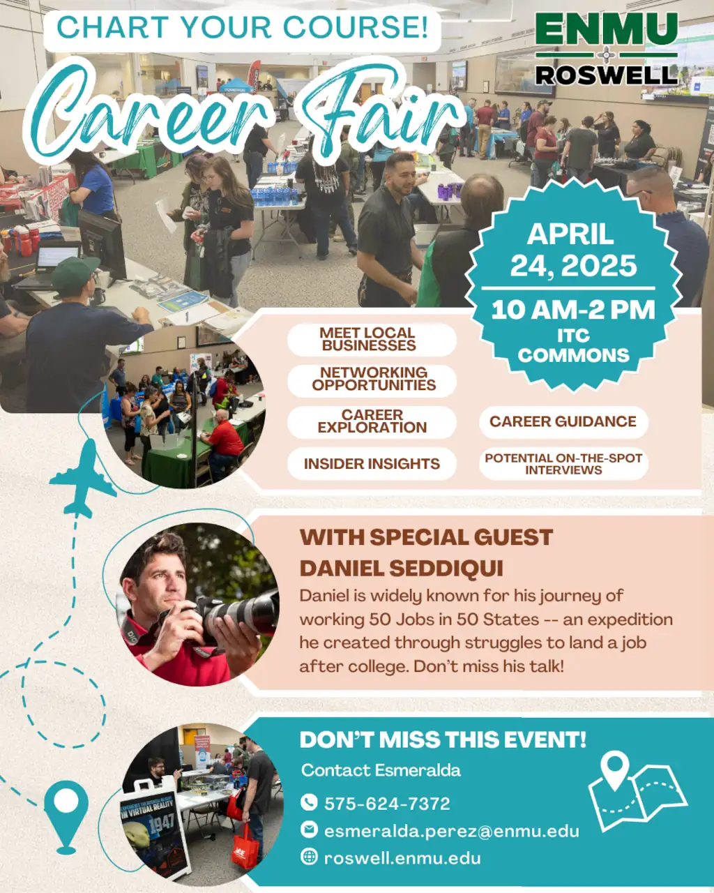 Flyer showing students and community members engaged in the 2024 Career Fair at ENMU-Roswell with the words "Chart Your Course!" and "Career Fair" at the top.