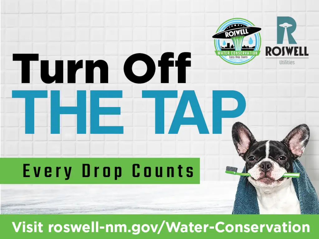 A graphic for the City of Roswell's water conservation campaign that reads "Turn off the Tap" and "Every drop counts". There is a photo of a dog holding a toothbrush in its mouth. At the bottom of the image is a link to "https://roswell-nm.gov/water-conservation".