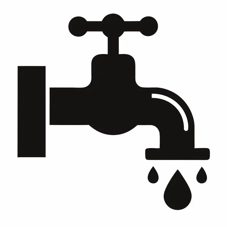 A graphic of a black water faucet with graphical representations of water droplets falling from the tap against a white background.